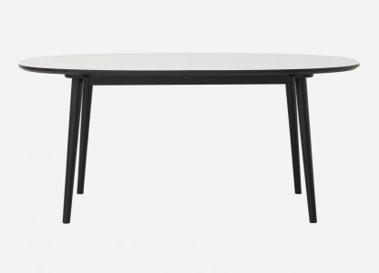 Ellipse spisebord med udtræk her vist med hvid laminat og sorte ben